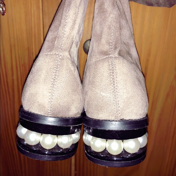 OTK taupe/ tan stretch boots with PEARLS in heels! - Picture 10 of 13